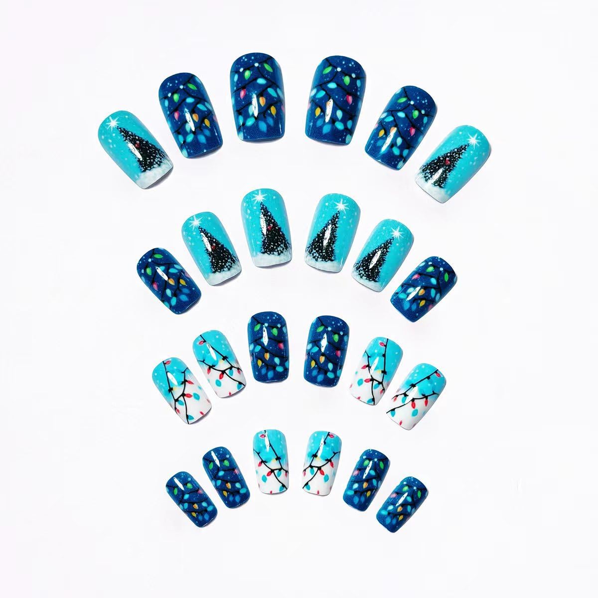 24Pcs Christmas Press on Nails Medium Length Fake Nails with Christmas Tree & Colored Lights Designs Winter Xmas False Nails for Women Full Cover Glossy Christmas Nails Press ons Manicure Kit