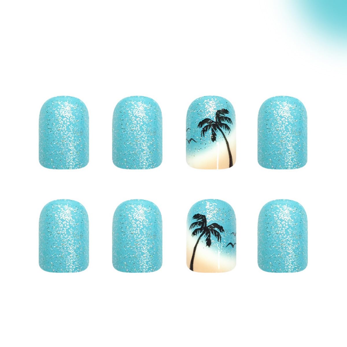 Summer Press on Nails Short Square Fake Nails Beach Coconut Tree False Nails Blue Glitter Acrylic Nails Artificial Full Cover Stick on Nails for Women Manicure 24Pcs