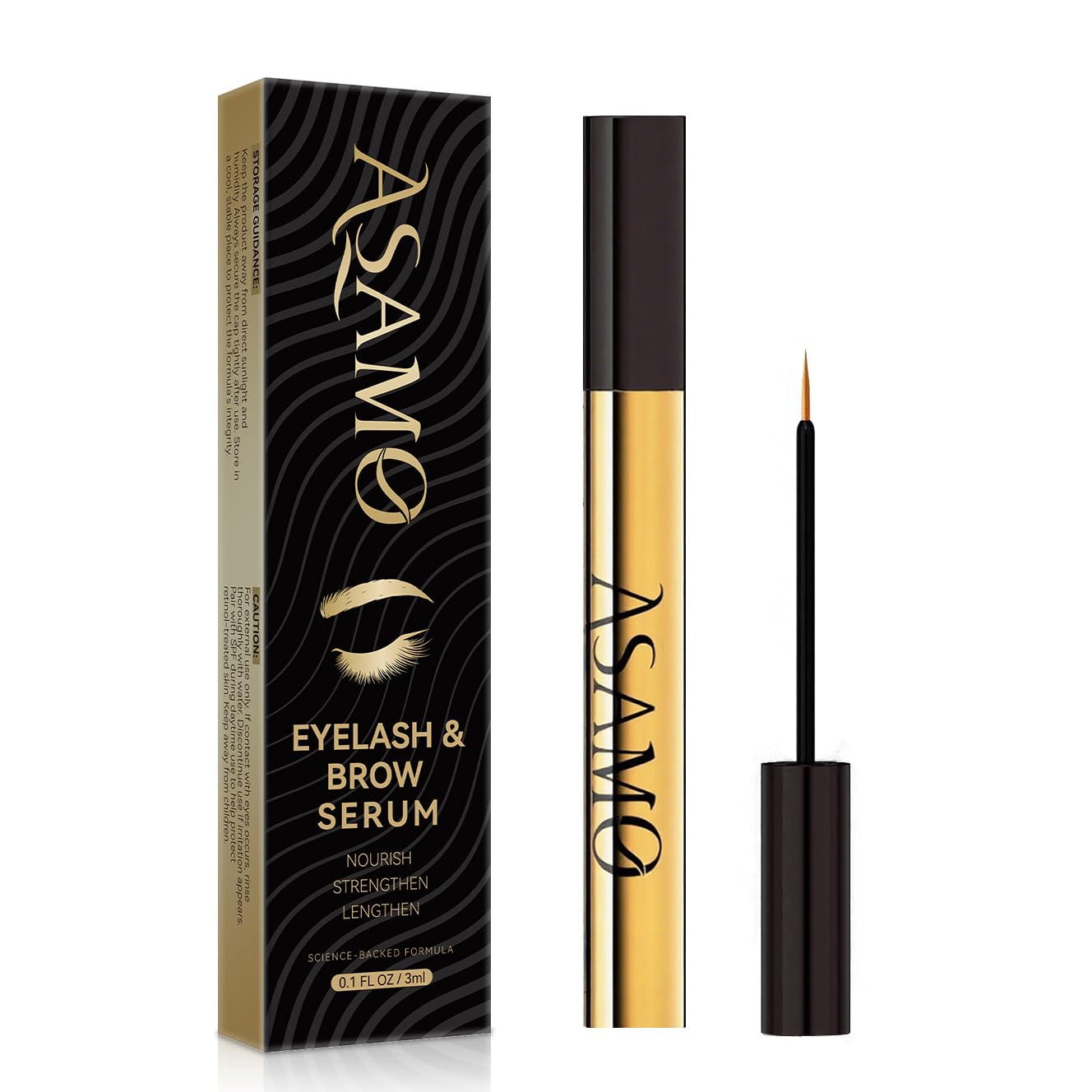Eyelash Growth Serum & Eyebrow Growth Serum – 15 Plant Extracts with Biotin for Longer, Fuller, Thicker Lashes, Natural Vegan Gentle Nourishing Lash Enhancer (Gold Black)