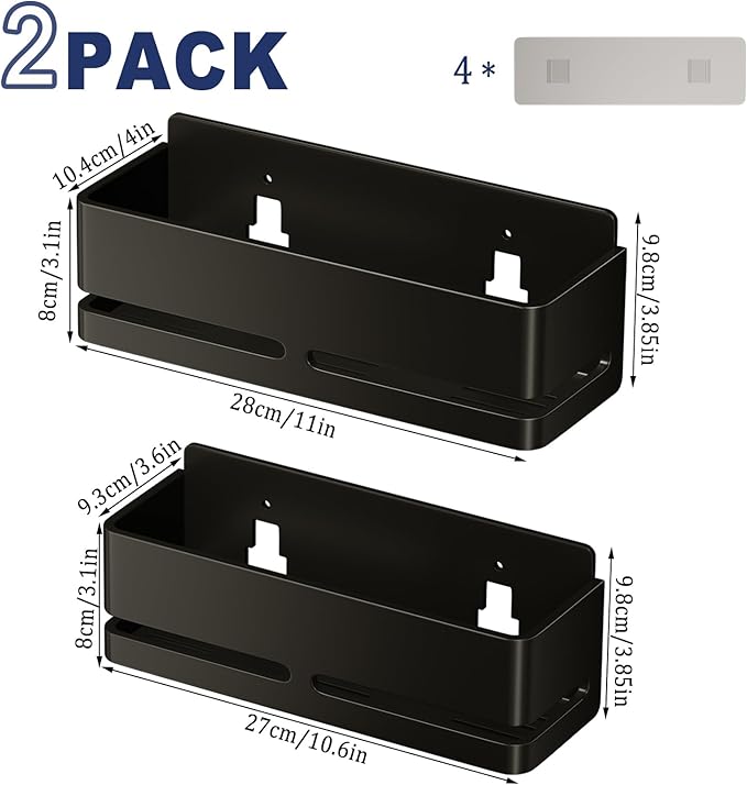 Shower Shelf, 2-Pack, Heavy-Duty Bathroom Storage Shelf, Large Capacity No-Drill Bathroom Organizer, Black Metal Storage Basket, Adhesive Installation