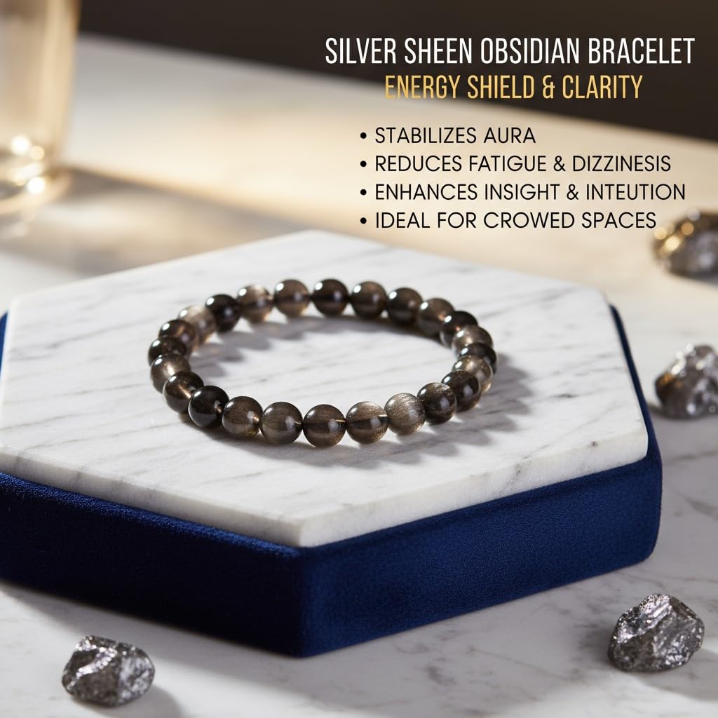 The Vida Handmade AAA+ Quality Crystal Stretch Elastic Bracelet - Nature Gemstone - Jewelry Gift - Holiday Gift - For Women & Men (Silver Sheen Obsidian)