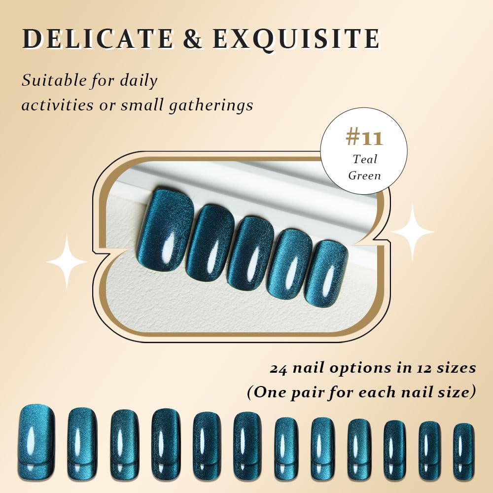 Teal Green Cat Eye Press on Nails Medium Square, Medium Square Press Stick on Nails Chrome for Women Gift, Green Holographic Glitter Glossy Reusable Soft Acrylic Fake Nail with Cateye Effect Design