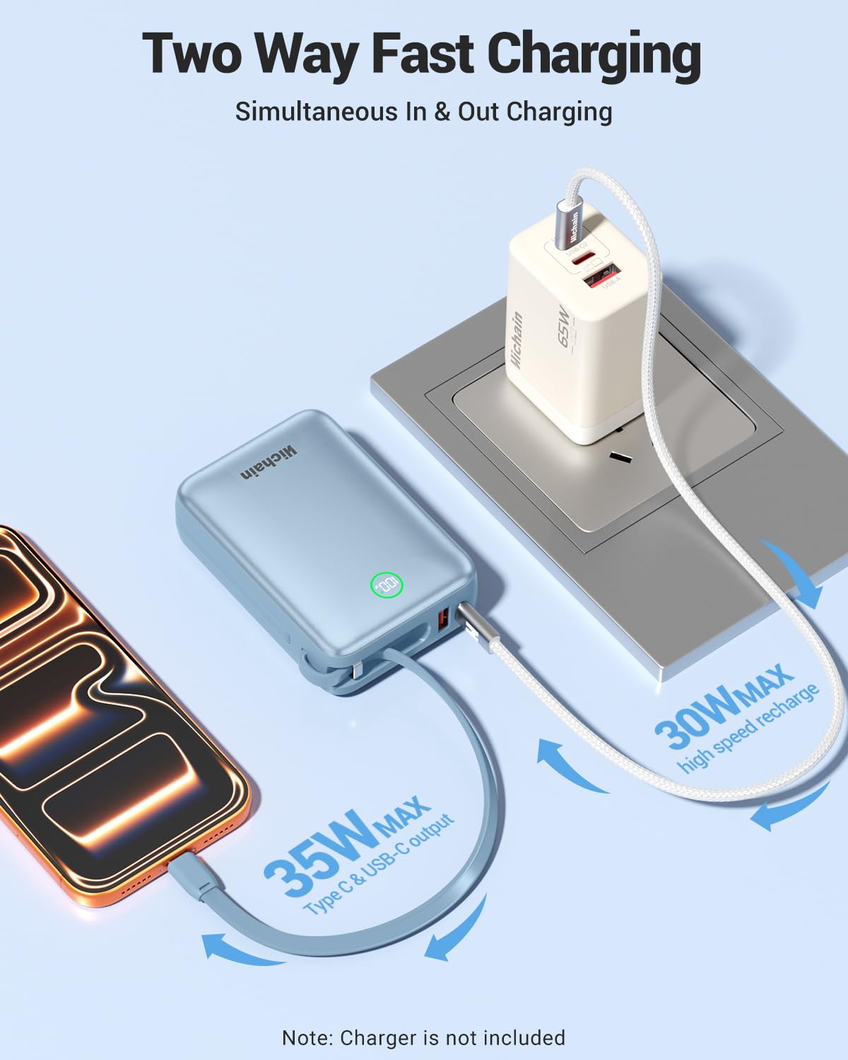 Hichain Portable Charger 35W 20000mAh Power Bank Fast Charging Portable Fast Charger Power Bank for iPhone 17/16/15/14/13, iPad, Android, LED Display Battery Pack Built Dual Cables & 4 Outputs Blue