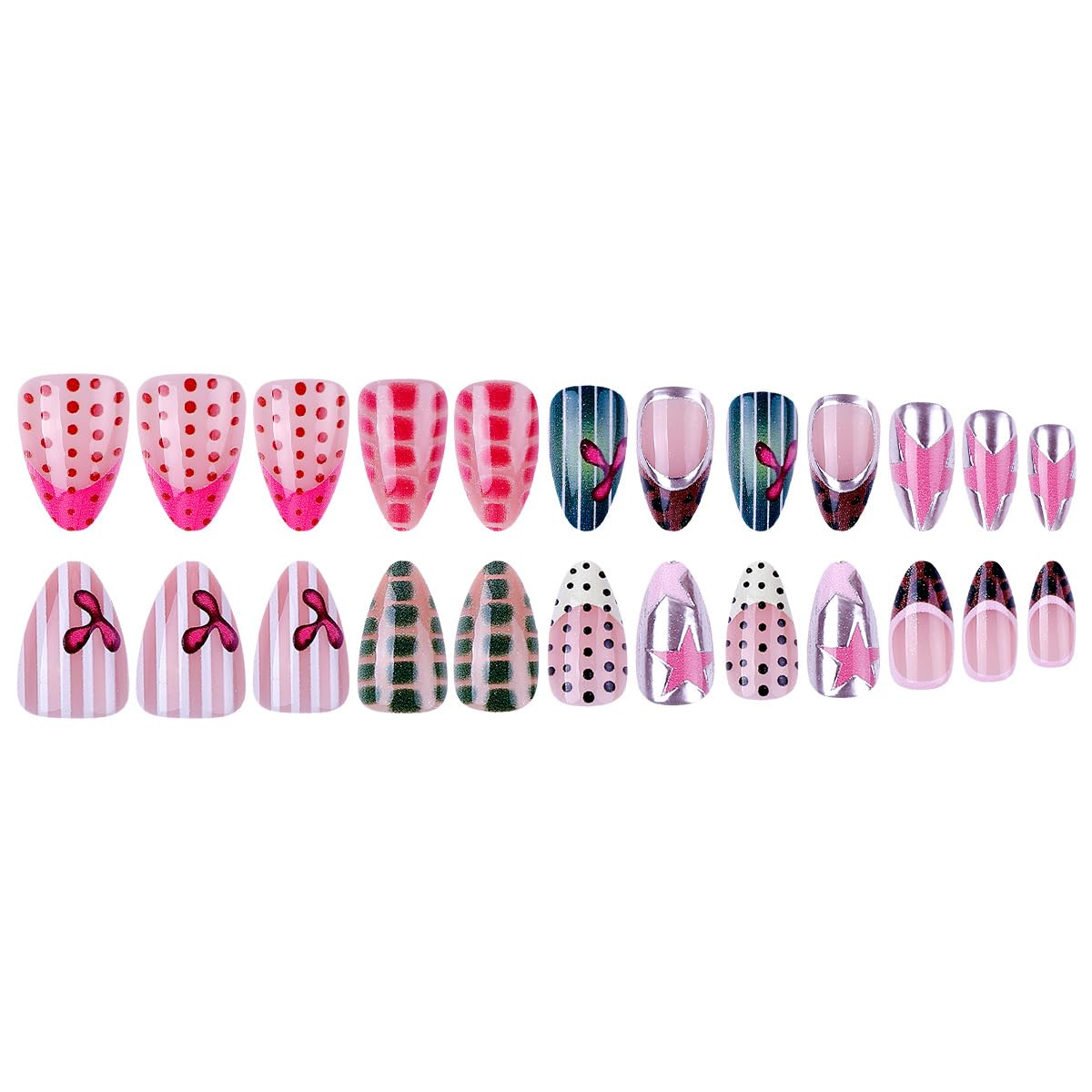 Medium Almond Press on Nails Y2K Mixed Print Fake Nails Reusable Glossy Acrylic False Nails Press ons for Women Manicure Kit 24Pcs