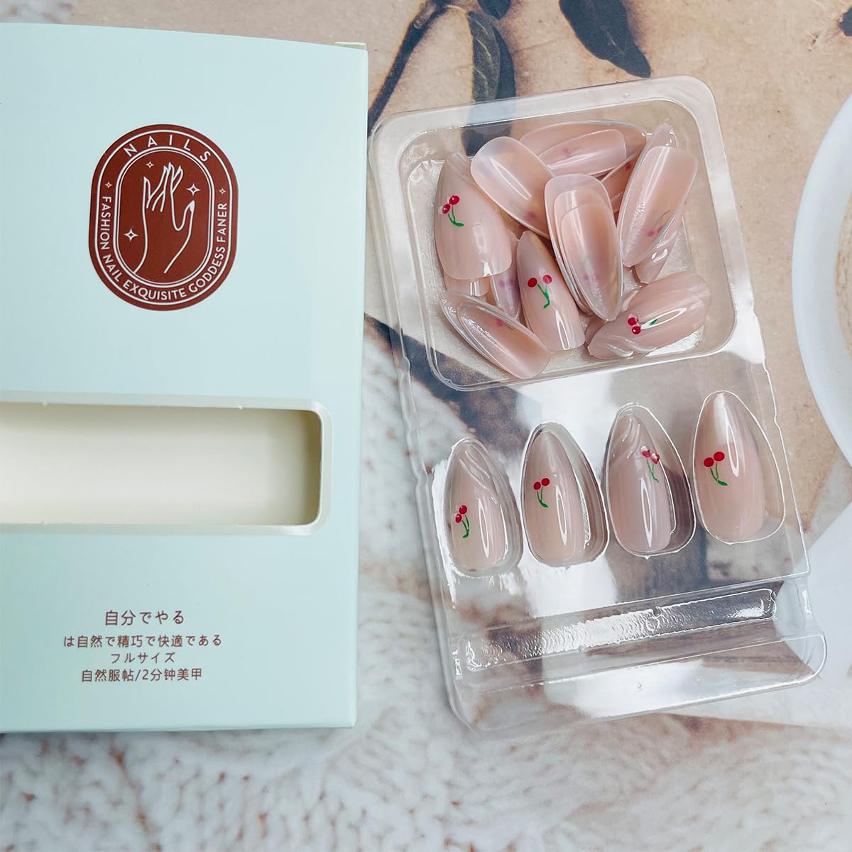 24Pcs Almond Press on Nails Short Fake Nails White French Tip Glue on Nails Full Cover Spring Stick on Nails with Cute Cherry Design Reusable Nude Pink Acrylic Nails Glossy False Nails for Women