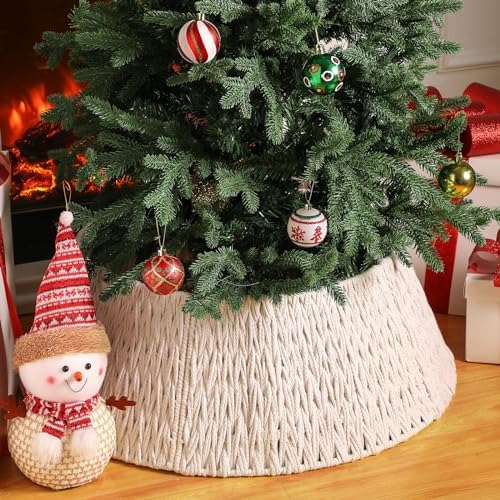 Preboun 28" Boho Christmas Tree Collar White Woven Farmhouse Skirt