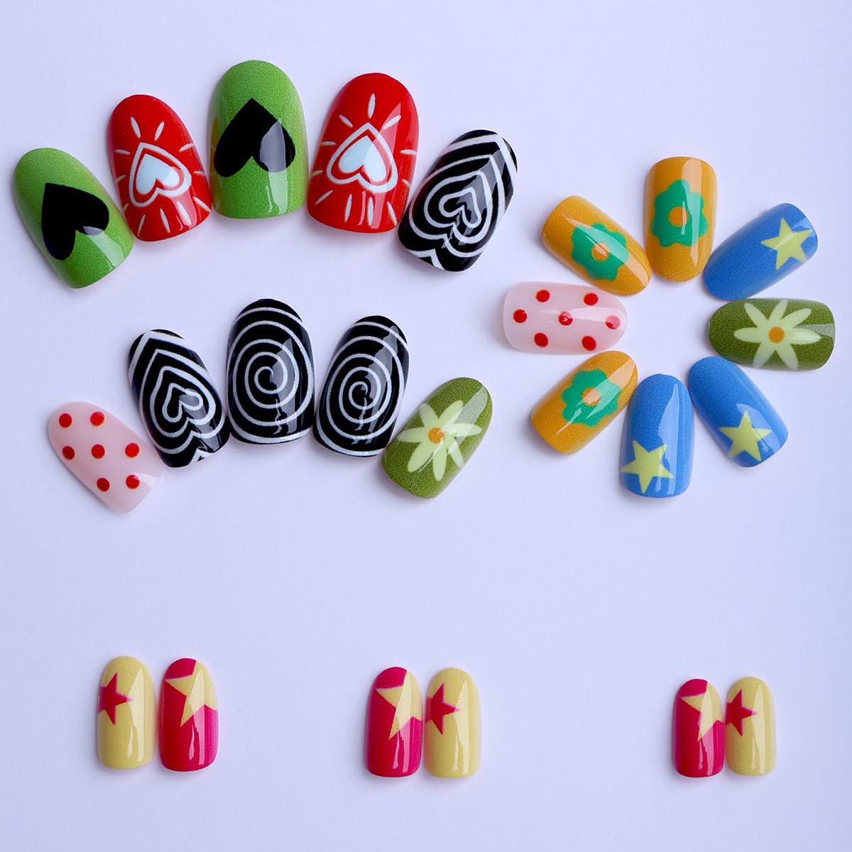 Short Oval Press on Nails Colorful Fake Nails Spring Summer Nails Press ons with Star,Flower,Polka Dot Design,Y2k Reusable Artificial Nails Full Cover Stick on Nails for Women Manicure 24Pcs