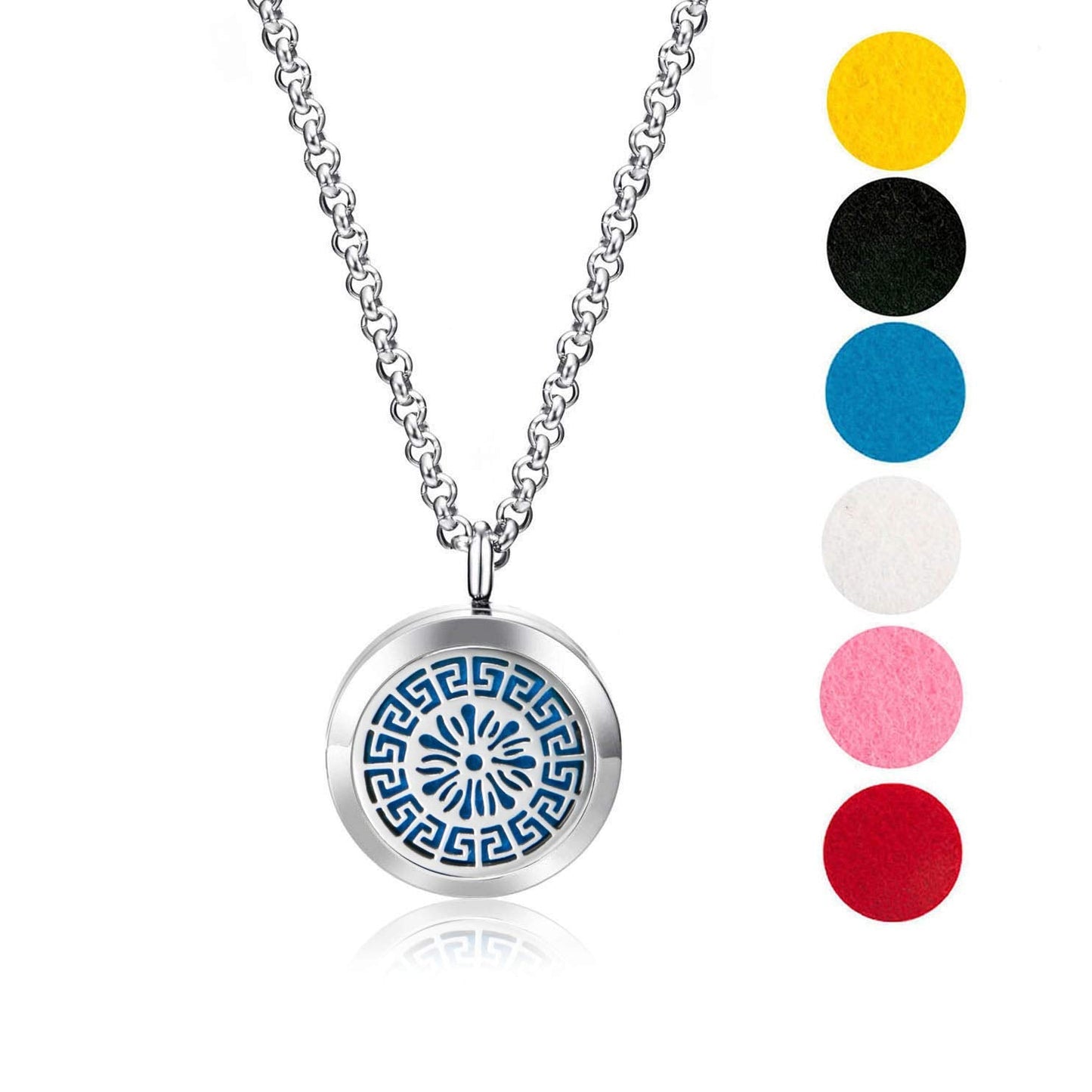 Wild Essentials Greek Key Essential Oil Diffuser Necklace, Stainless Steel Locket Pendant with 24 inch Chain, 12 Color Refill Pads, Customizable Color Changing Perfume Jewelry for Aromatherapy