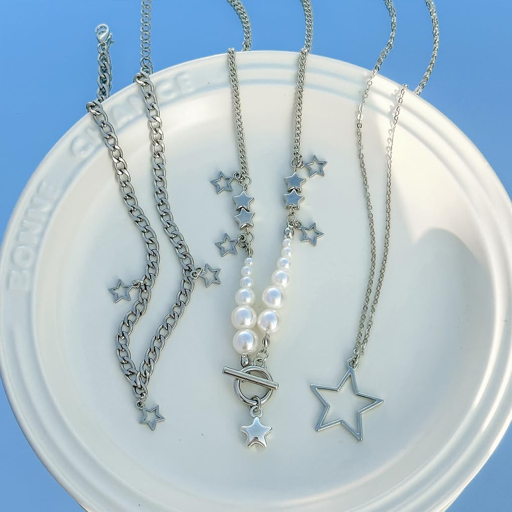 Stringex Layered Silver Y2k Star Pendant Necklaces Set for Women Stackable Stars Pearls Choker Necklace Adjustable Toggle Chain Necklaces Jewelry Accessories