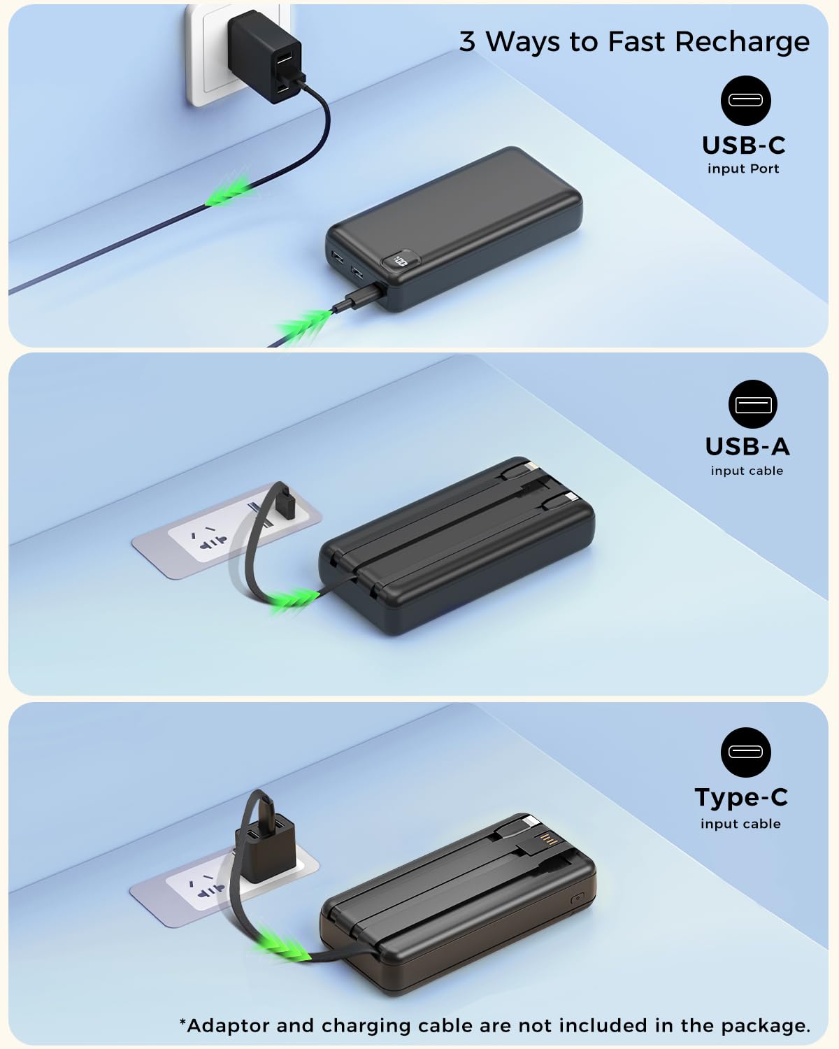 Pomohome 50000mAh Power Bank Portable Charger Fast Charging, Built in 3 Cables External Battery Pack, 22.5W Quick Charge with 5 Output & 3 Input USB C, Travel Camping Essential for iPhone & Andriod