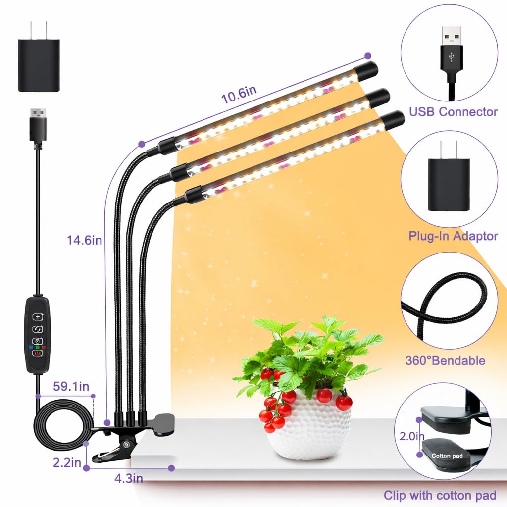 SDOVUERC 3head Plant Lights, 2Pack Grow Lights for Seed Starting, Full Spectrum Growing Lamps with Clip for Indoor Plants, Auto ON & Off Timer 3/9/12H, 3 Switch Modes, 10-Level Dimmable Brightness