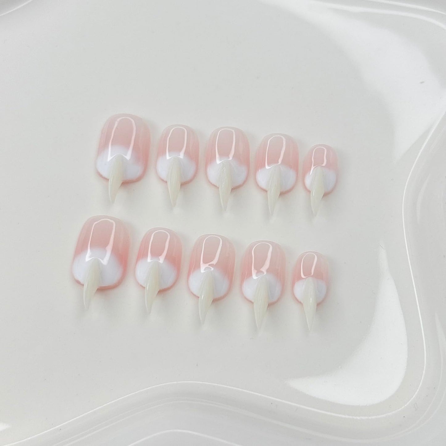 10 Pcs Handmade Press on Nails Medium Curved Stiletto Cat Claw Fake Nails Unique Pink White Designs Thick 3D Cat Claw Nails Press Ons Reusable Glossy Acrylic French Gradient Stick on Nail (S)