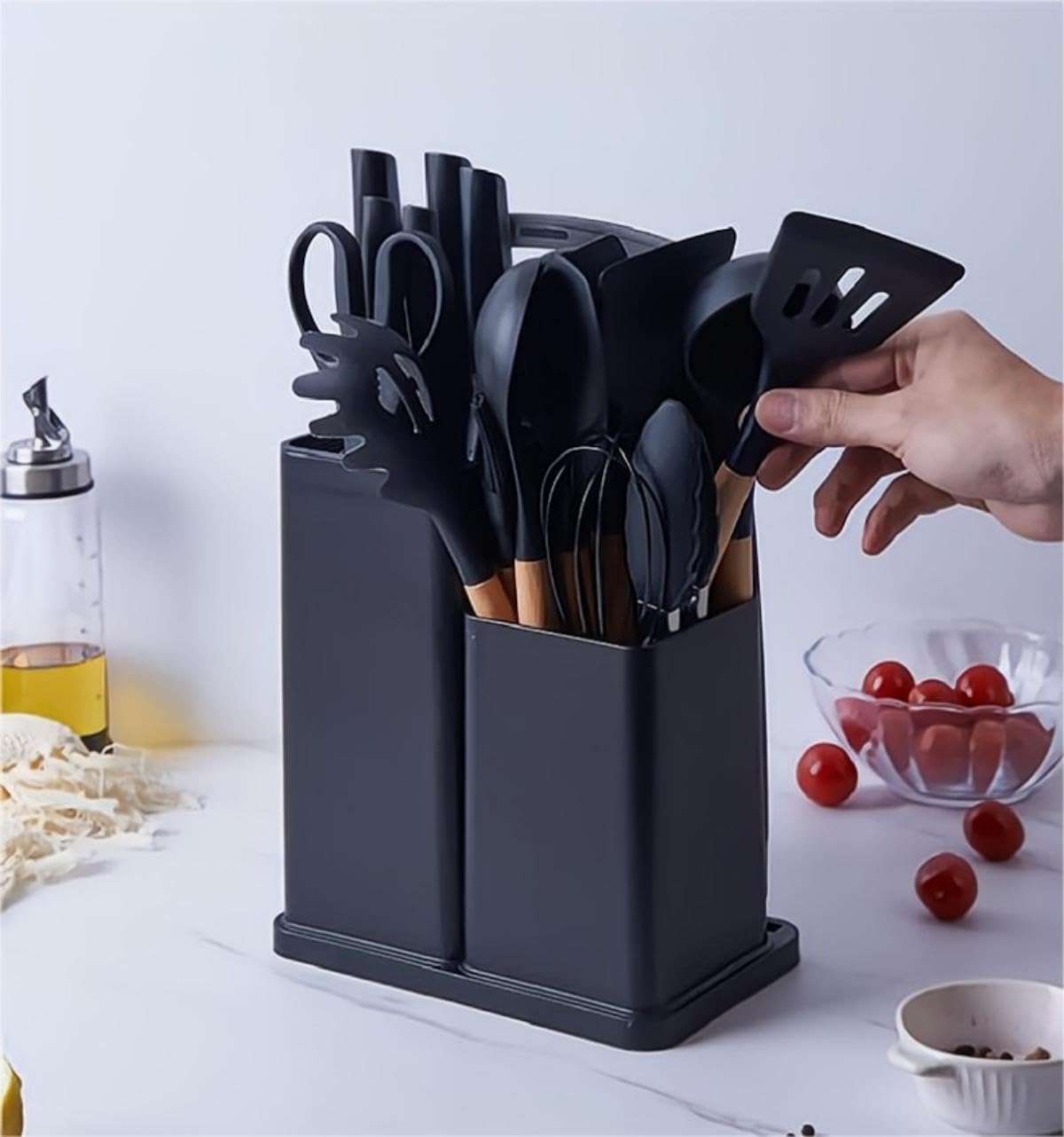 Kitchen Utensils Set & Knife Set with Block, 19 Piece All-in-One Cooking Set, 12 Nonstick Silicone Utensils + 5 Sharp Stainless Steel Chef Knives + Cutting Board, Dishwasher Safe Gift Set (Black)