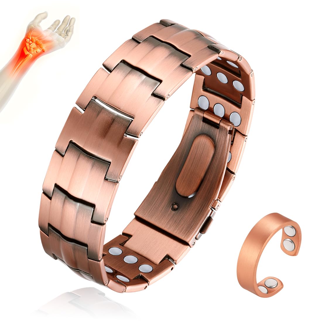 Cigamg 3X Copper Bracelet for Men Triple Strength Magnets Pure Copper Magnetic Bracelet & Ring Set with Adjustable Sizing Tool