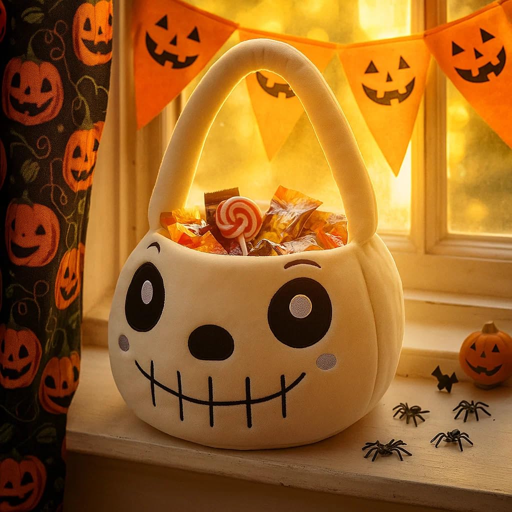 Ouksma Halloween Plush Treat Basket, Halloween Candy Basket, Trick-or-Treat Bag(White Skull)