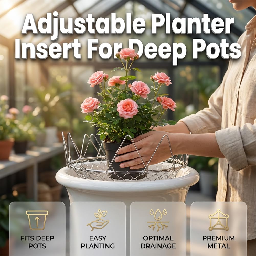 Adjustable Planter Insert, Heavy Duty Metal Plant Riser with Chain Hooks, Height Adjustable Pot Filler for Deep Planters, Hanging Baskets for Plants Outdoor (1 PCS)