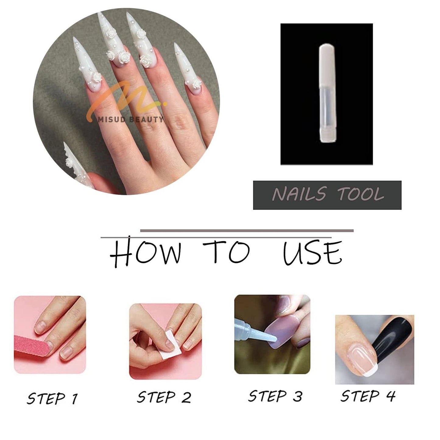 MISUD Press on Nails - Long Stiletto Fake Nails with White Flower Pearl, Acrylic Wedding Design 24 pcs