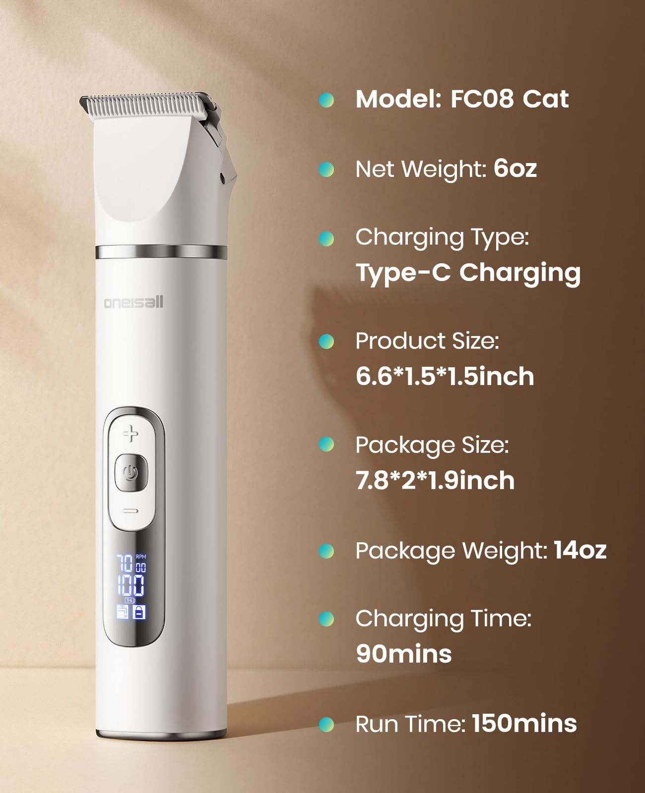 oneisall Quiet Cat Clippers for Matted Hair, 3 in 1 Cat Grooming Kit with LCD Display, Cat Hair Trimmer for Paw Trimmer, 3 Speed, Cordless, IPX7 Waterproof Pet Clippers for Butt, Paw, Back, Ear, Face