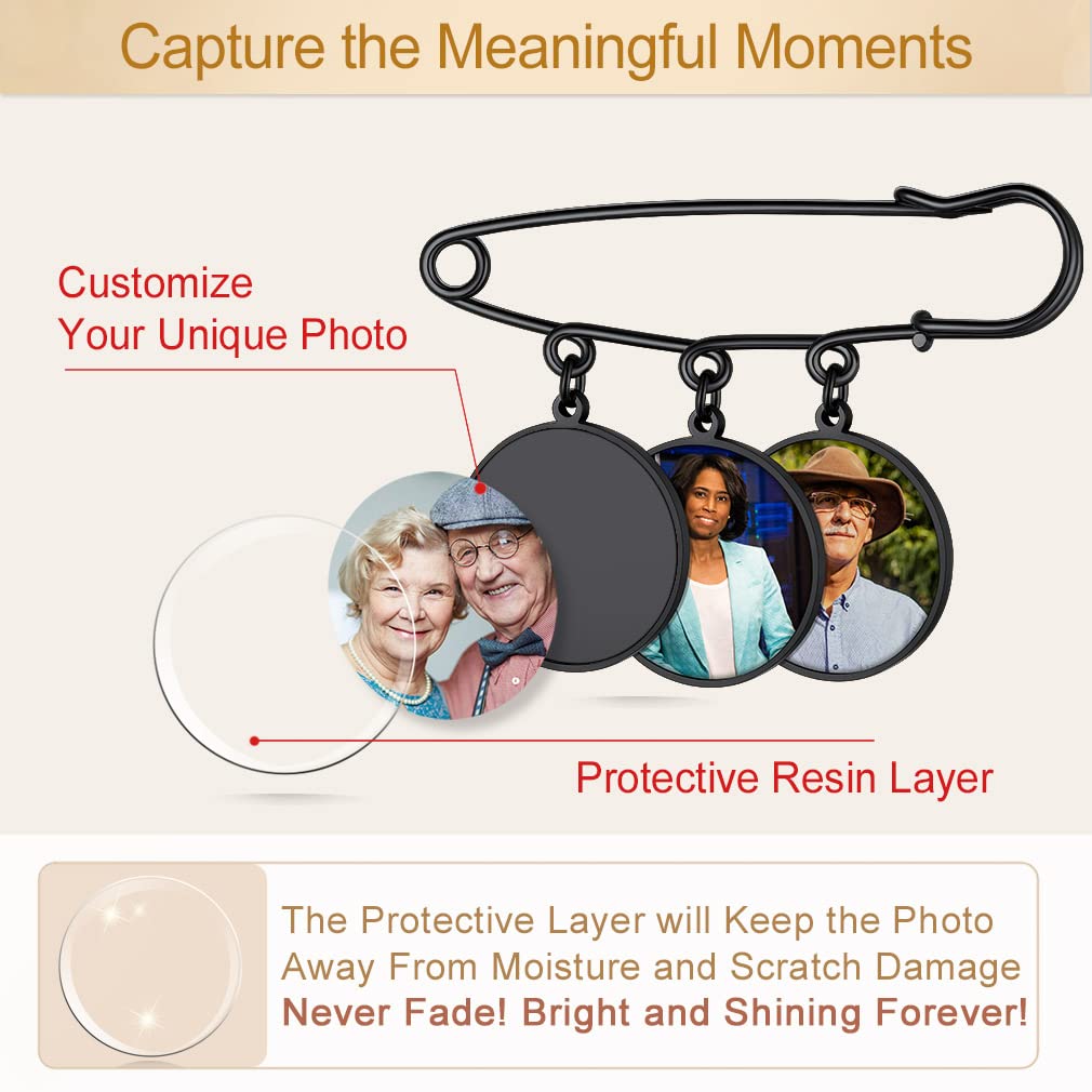 Custom4U Photo Charm for Bouquet Round Shaped Brooch Pins with 3 Pictures Customized Memorial Wedding Jewelry