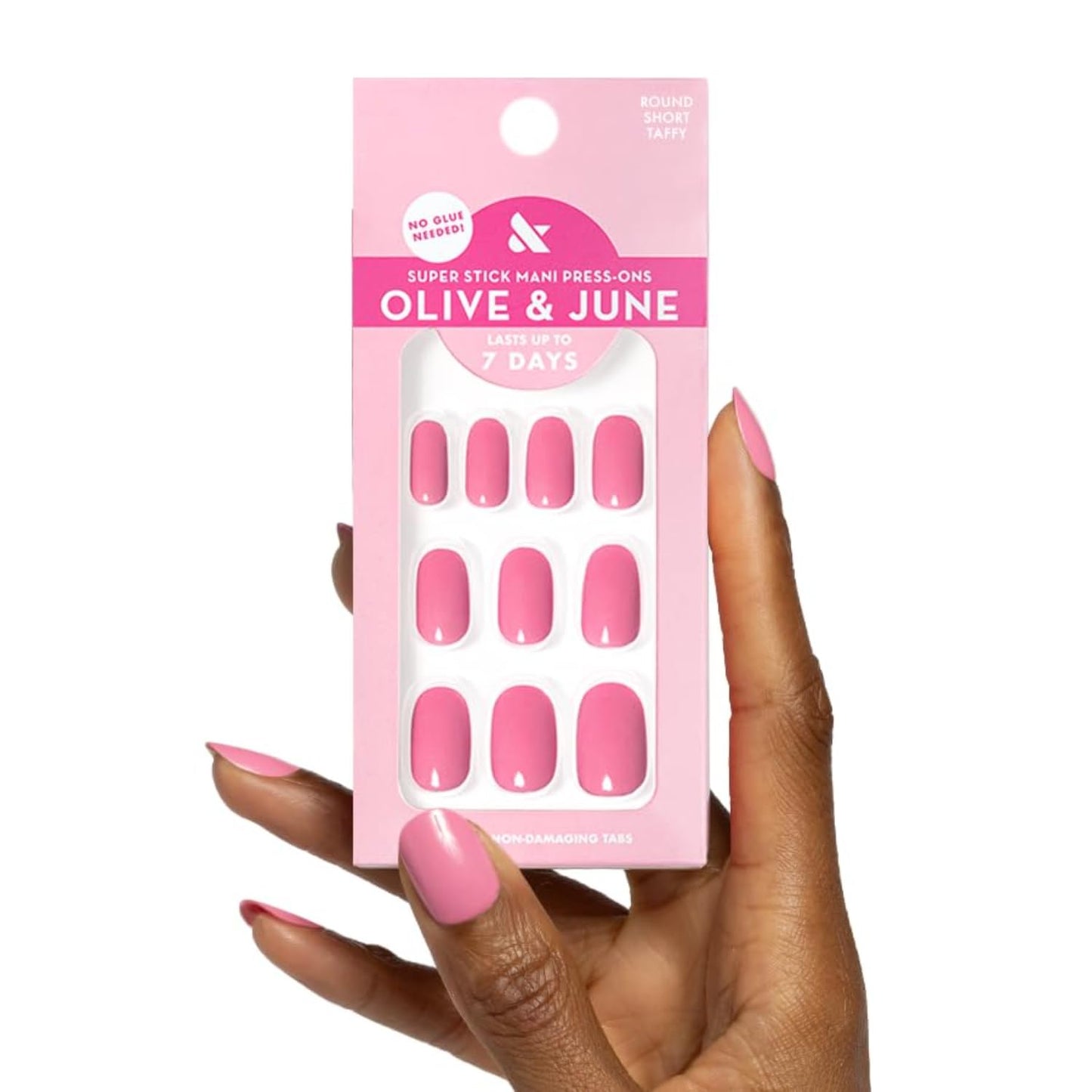 Olive & June Classic Super Stick Mani Press On Nails | No Glue Needed | 32 Tab Nails 16 Sizes | Non-Toxic Tabs Non-Damaging 7-Day Wear | Spring Flowers & Patterns | Short, Round | Taffy Bright Pink