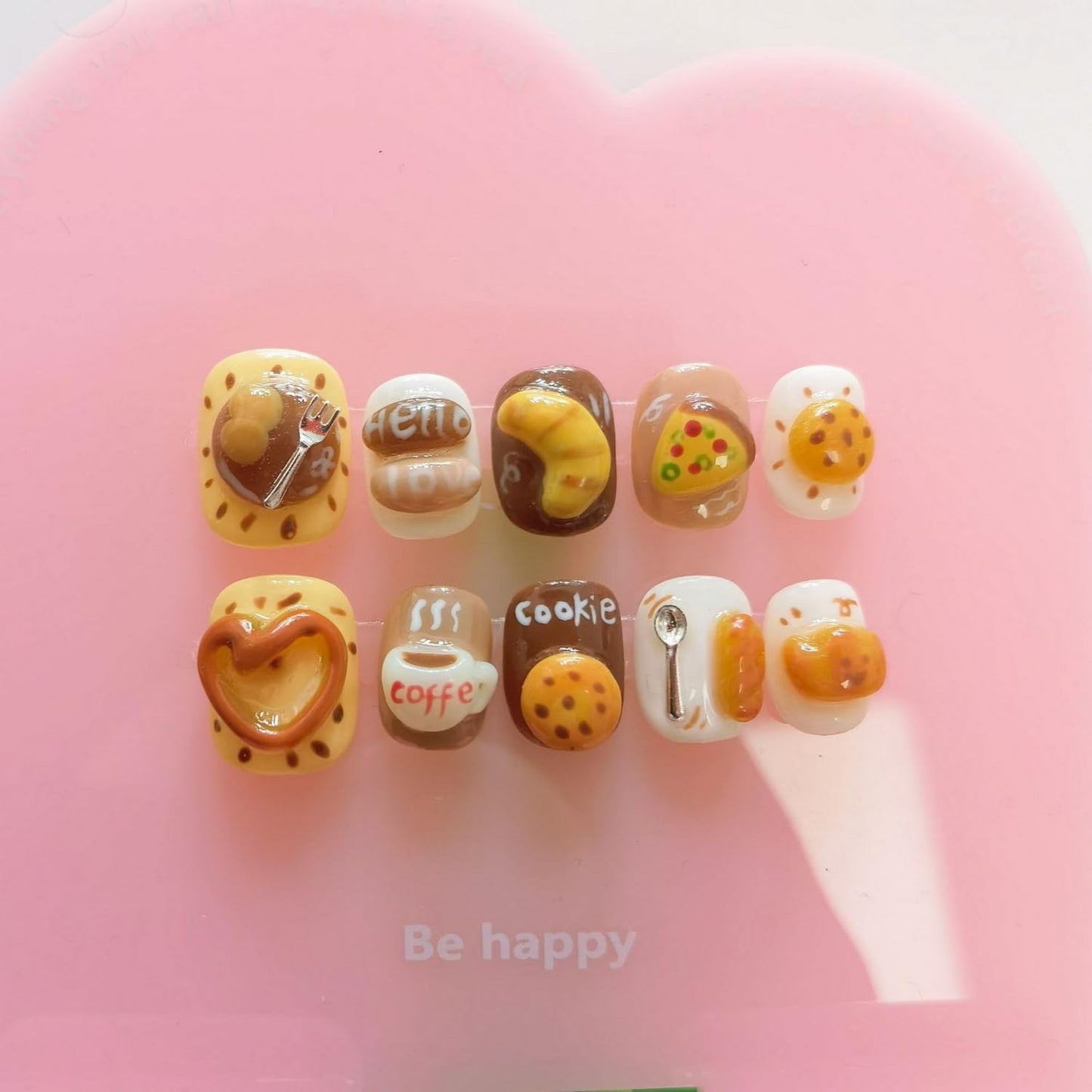 Cute Handmade Press on Nails Extra Short Square 3D Unique Reusable ABS Material Fake Nails Luxury Breakfast False Nails with Designs Bread Pizza Bread Art Glossy Glue on Nails Thick Acrylic Nails(M)