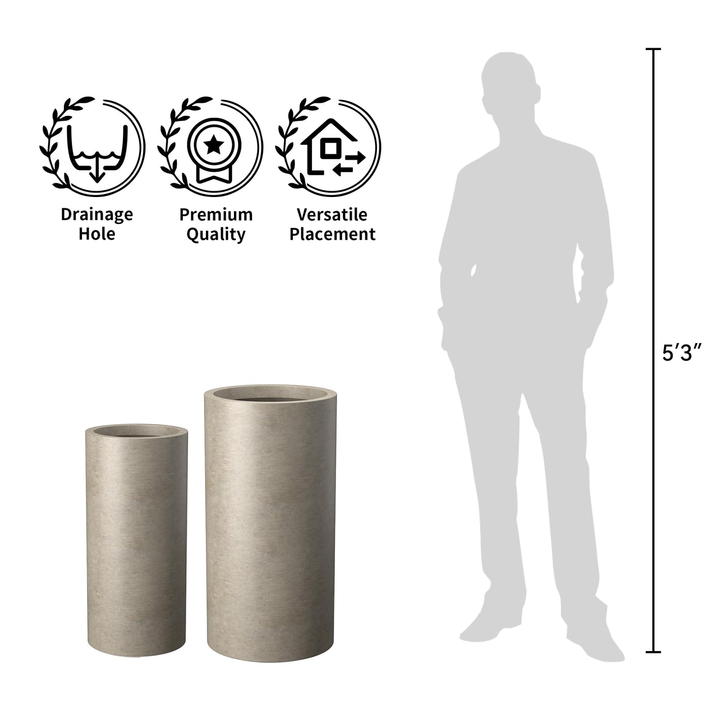 Kante 23.6 Inch Tall Concrete Planter, Large Round Cylindrical Plant Containers with Drainage Hole, Suitable for Indoor Outdoor Plants, Home Decor, Weathered Concrete