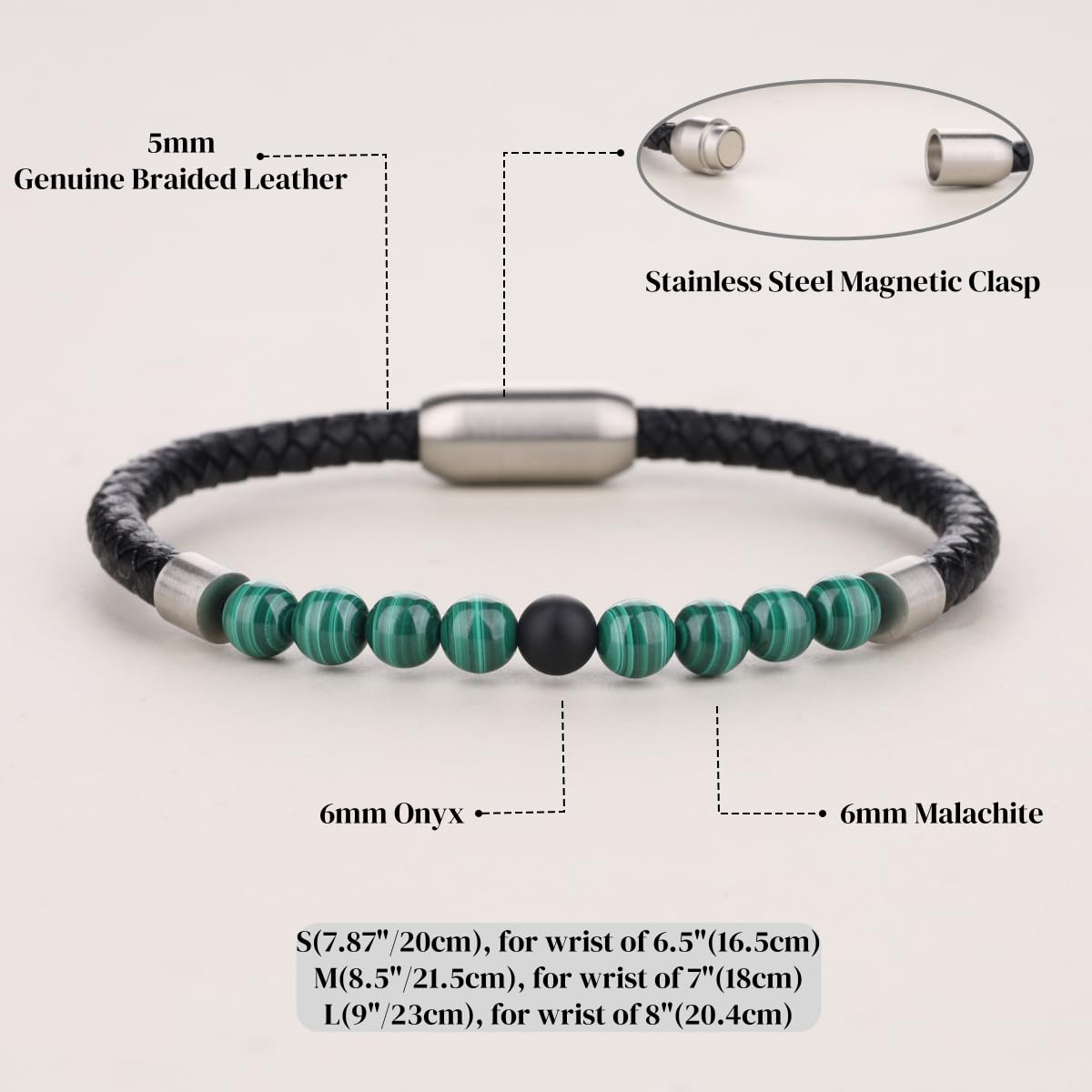 COAI Genuine Leather Bracelet, Malachite Onyx Bracelet for Men M