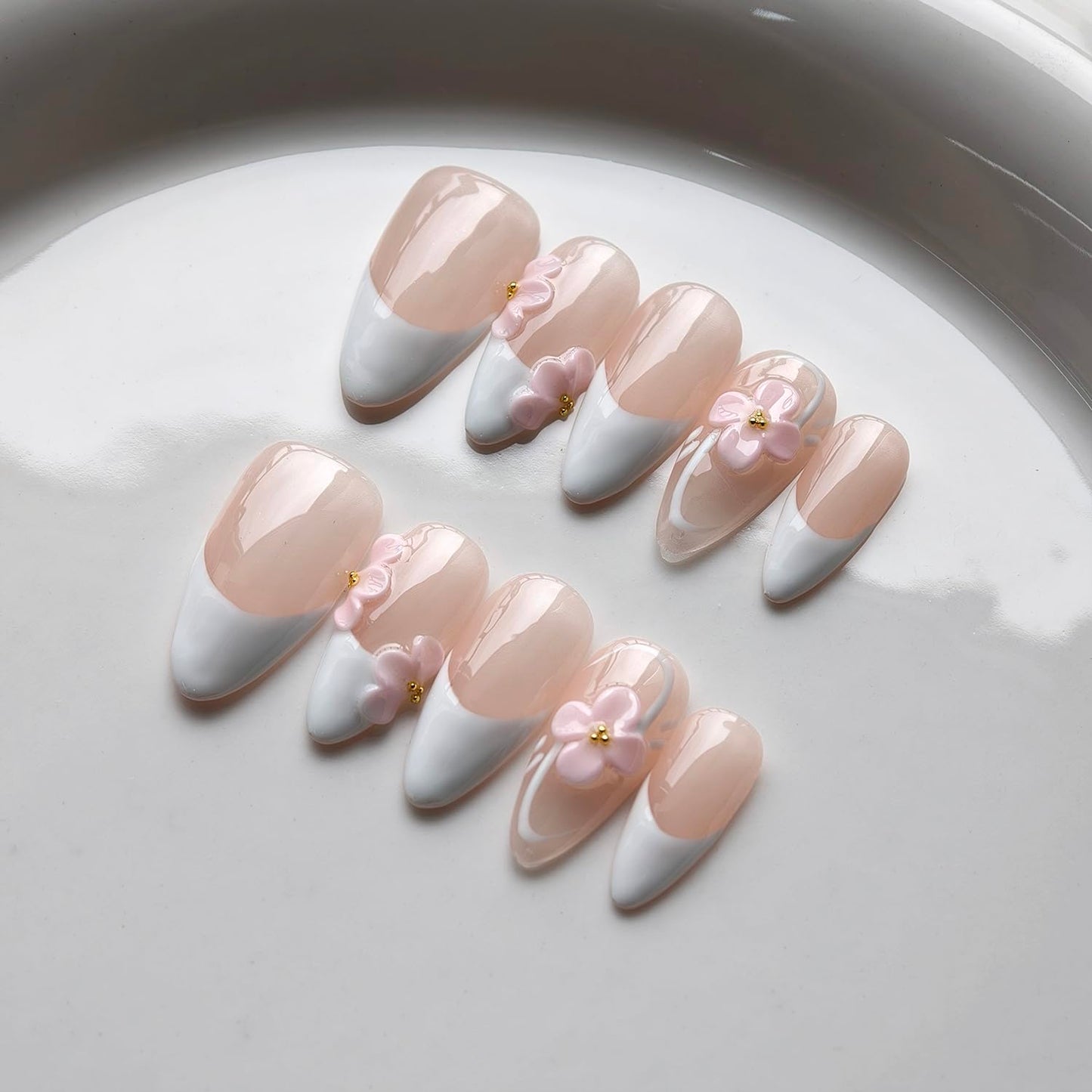 French Tip Press on Nails Handmade Medium Almond 3D Thick Acrylic Nails White False Nails with Flower Gold Ball Designs Elegant Glossy Fake Nail Sturdy Art Press on Nail 10Pcs(M)