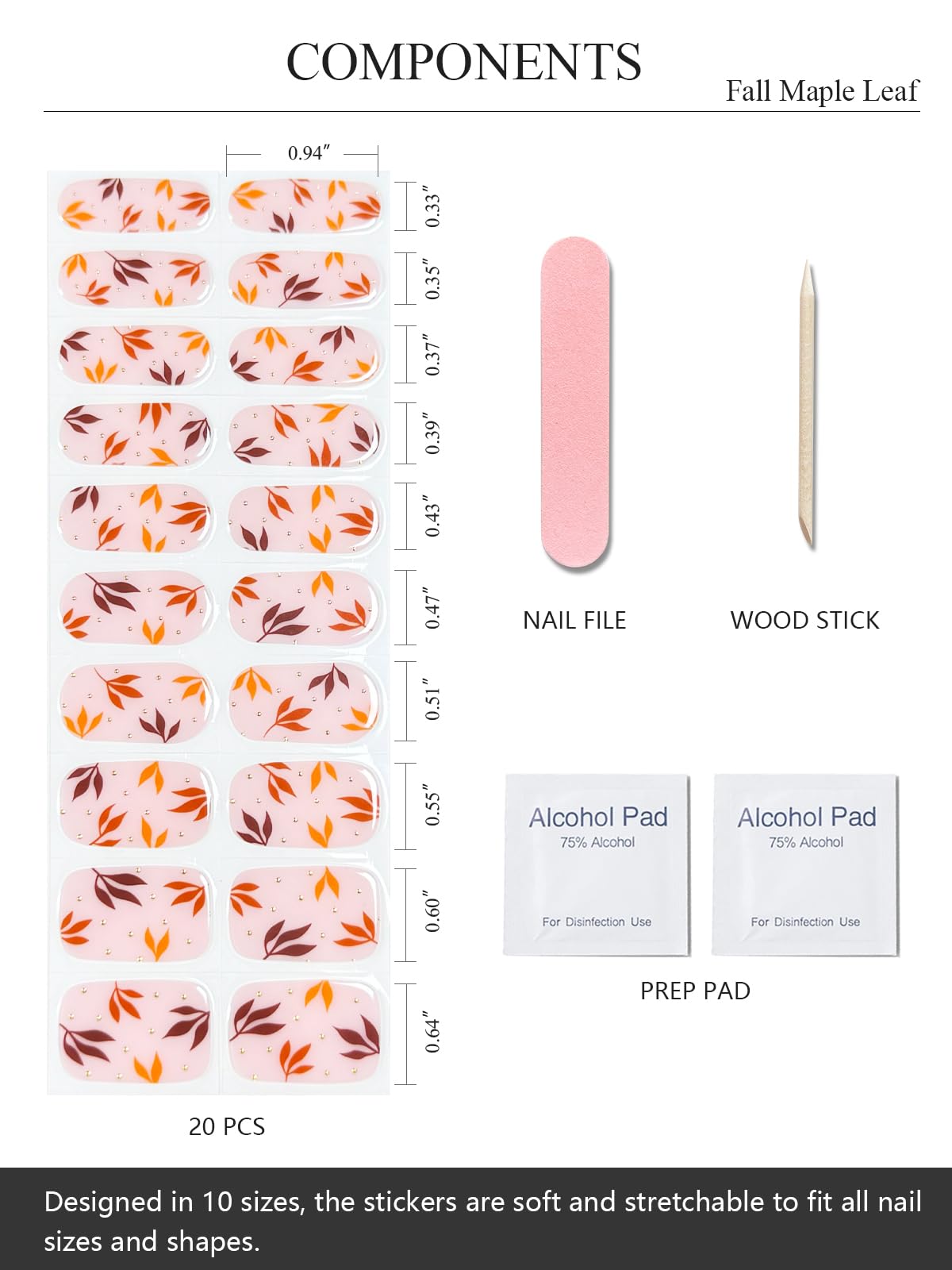 AutyaMee Semi Cured Gel Nail Strips (Fall Maple Leaf), Autumn Brown, 20 Pcs Gel Nail Wraps, Stickers, UV Light Required, Salon Quality, Long Lasting