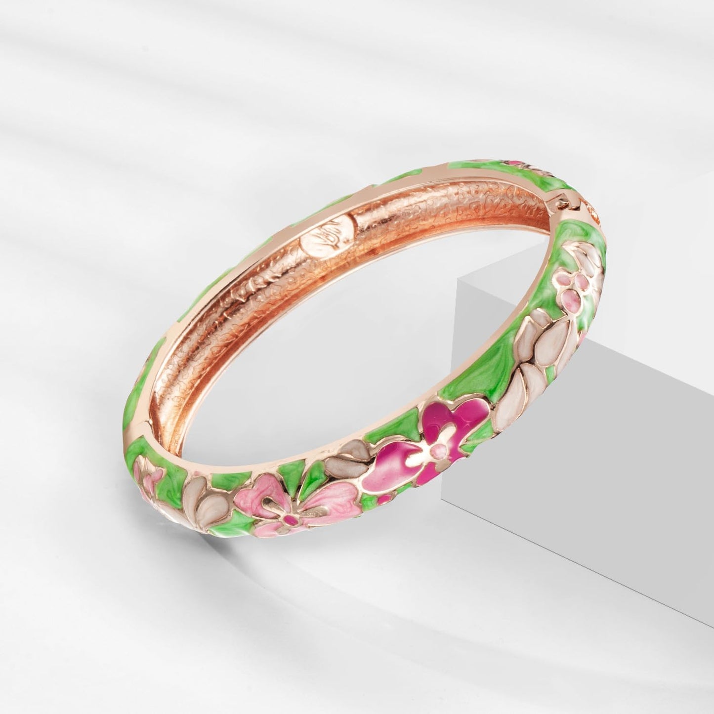 UJOY Gorgeous Bracelets Enameled Floral Cloisonne Gift Plated Cuff Bangles Jewelry Sets Box for Women 55A100-55A117 Green Pink