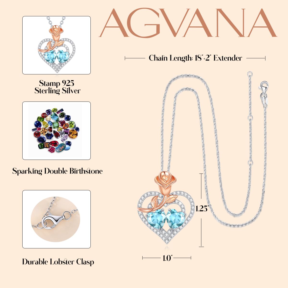 AGVANA April Birthstone Jewelry Simulated Diamond CZ Necklace Sterling Silver Rose Flower Heart Double Birthstone Pendant Necklace Anniversary Birthday Gifts for Women Mom Wife Lady Her