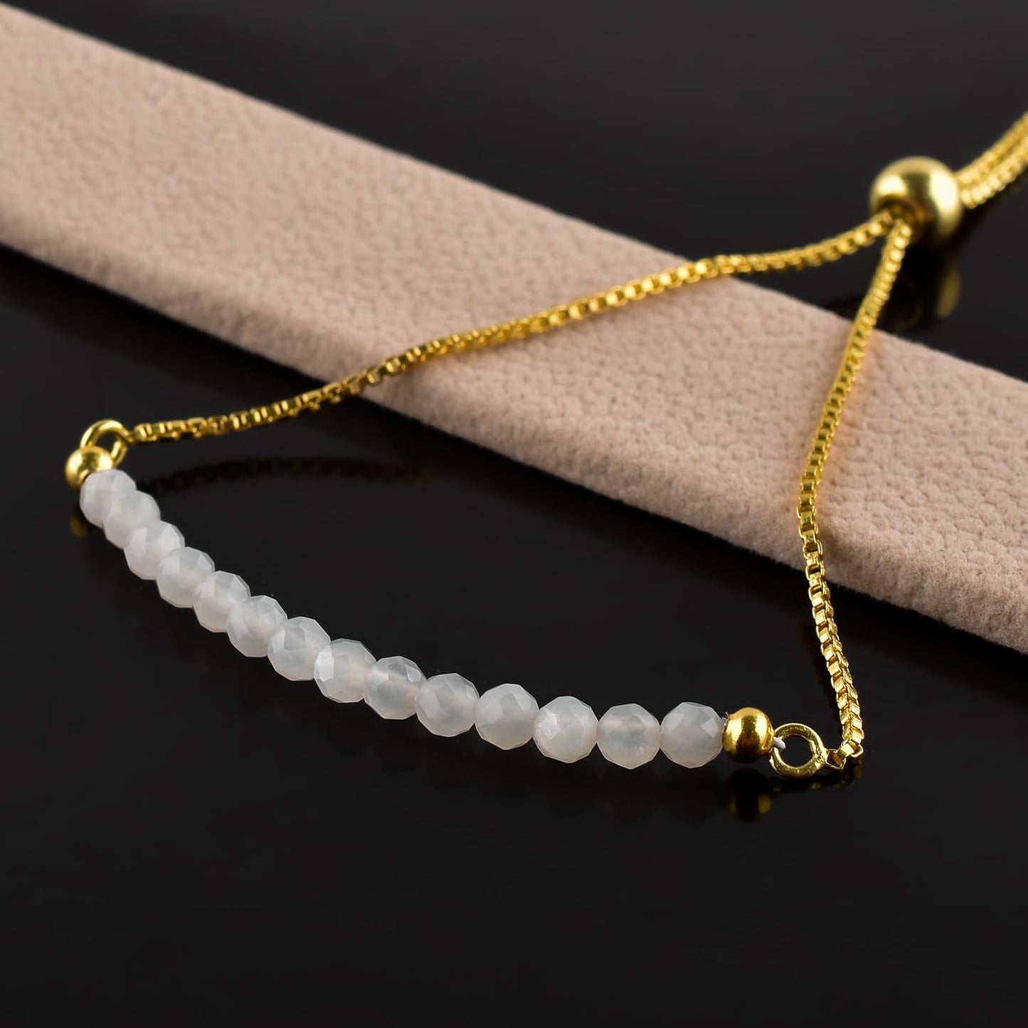 InfinityGemsArt Moonstone Bracelets For Women June Birthstone Jewelry Micro White Beads Beaded Stone Bolo Slider Crystals Gemstones, 14K Gold Plated Adjustable Chain, Valentines Day Gifts For Her