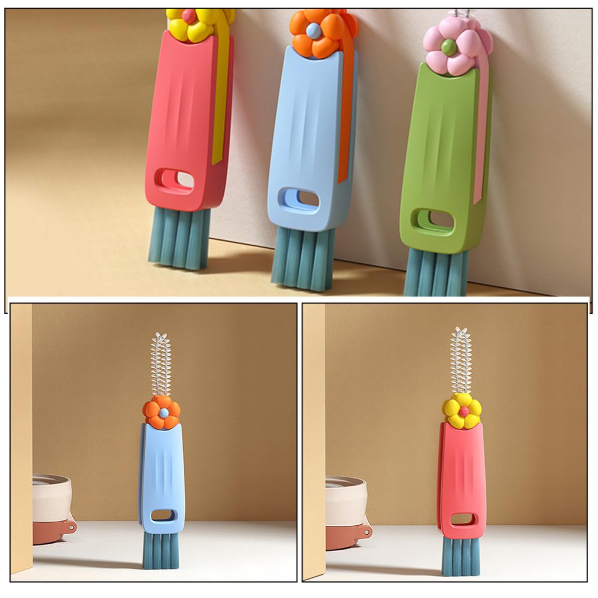 Lurrose Multi-Function Groove Brush Lid Cleaner Set with Hanging Handle, Small Flower Design, Bottle and Cup Crevice Cleaning Brush for Daily Household Use, 3pcs Kit