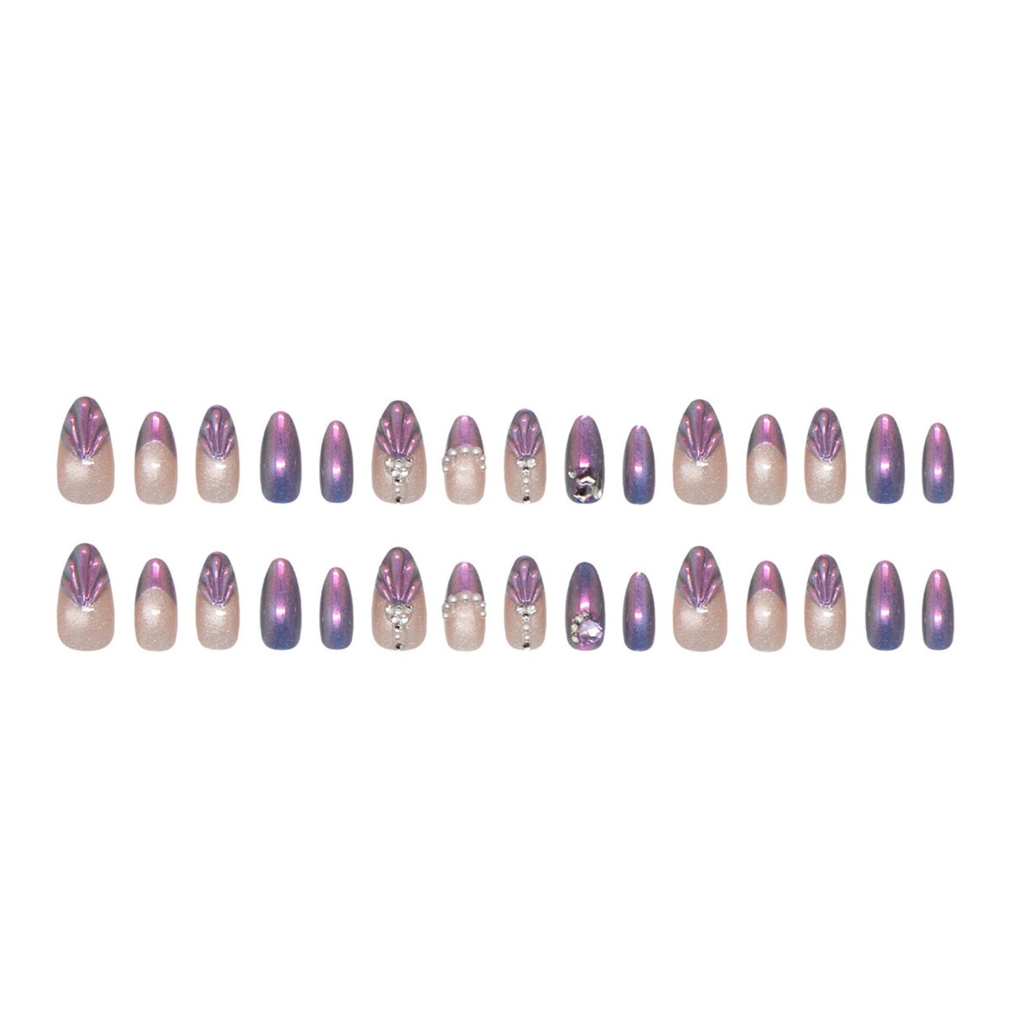 Medium Press on Nails Almond Fake Nails Purple Artificial Nail Mermaid Stick on Nail with Seashell Pearl Rhinestone Gem Glitter Design for Women 30pcs