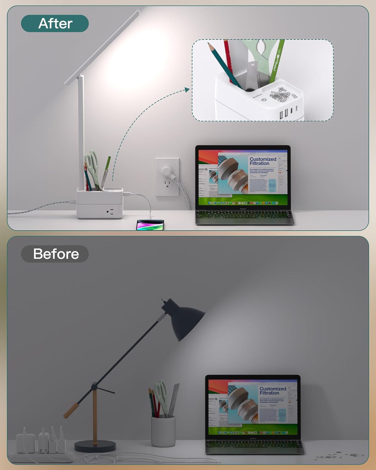 Addtam LED Desk Lamp with Pen Holder, Study Lamps with 3 Outlets 4 USB Charging Ports(2 USBC), 3 Color Modes Desk Light Touch Lamp, Small Desk Lamps for Home Office College Dorm Room Essentials