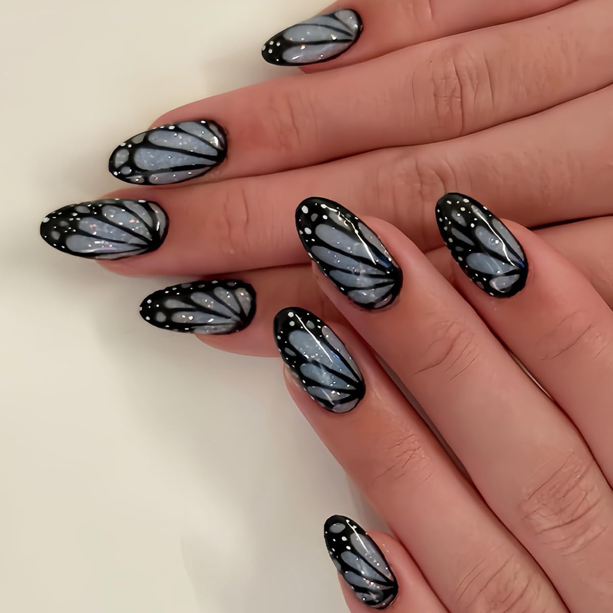 Medium Almond Black Press on Nails - Blue Butterfly Design, Full Cover Glossy Fake Nails 24PCS for Women