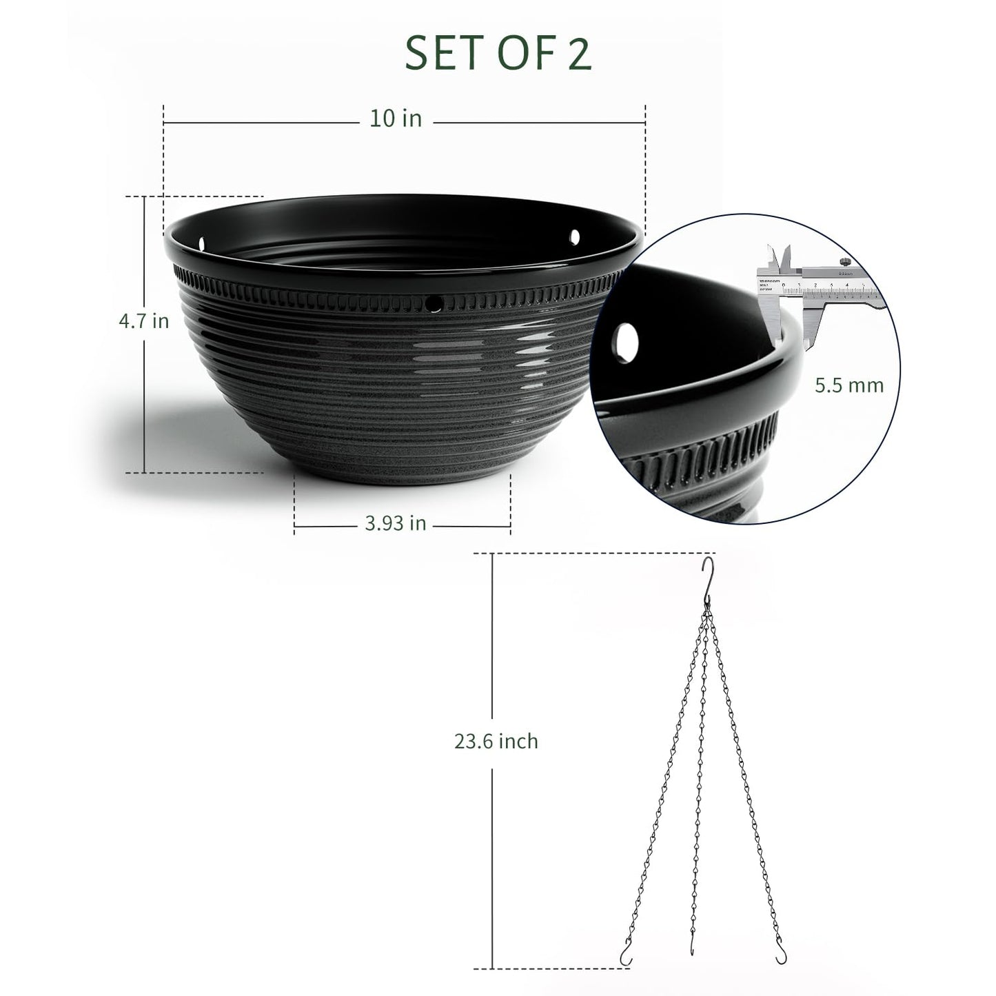 Vanslogreen 2 Pack Hanging Planters for Indoor Outdoor Plants, 10 Inch Hanging Planter with Drainage Hole & Plug Glazed Hanging Baskets Flower Pots for Garden Home (Black)