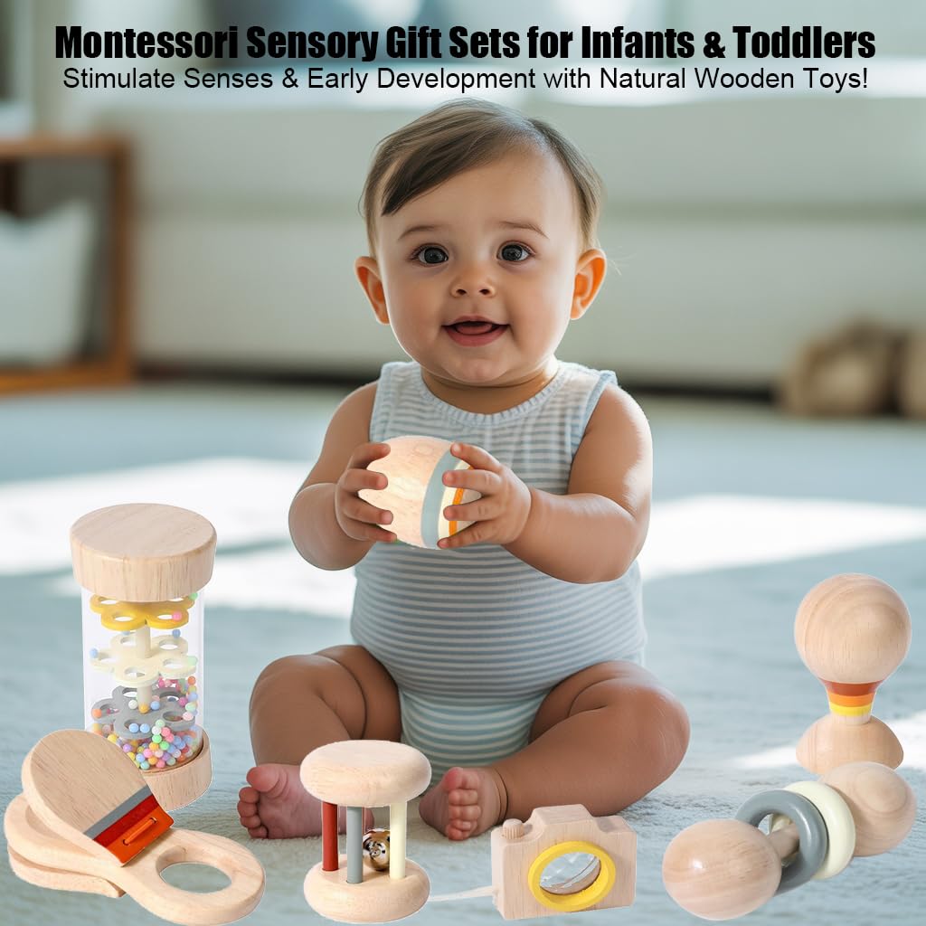 Wooden Baby Rattle Musical Set Montessori Toys for Infants 0+ Months - Rainmaker, Egg Shaker, Maracas, Ring Rattle, Bell Roller Rattle, Castanets, Kaleidoscope, Newborn Sensory Play Gift