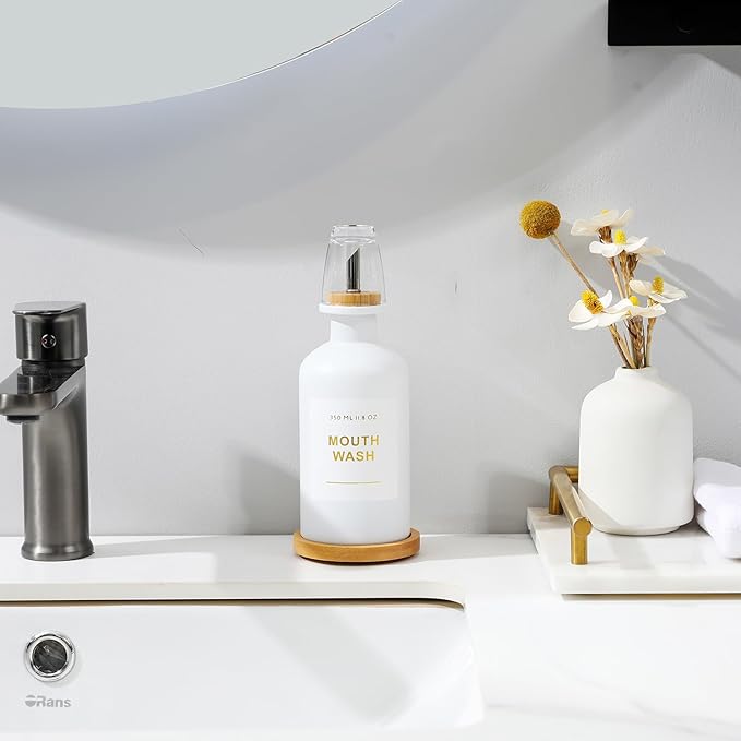 11.8OZ Mouthwash Dispenser for Bathroom with Bamboo & Stainless Steel Pour Spout, Mouthwash Cup Reusable, Bamboo Tray, and Elegant Gold Label. （White