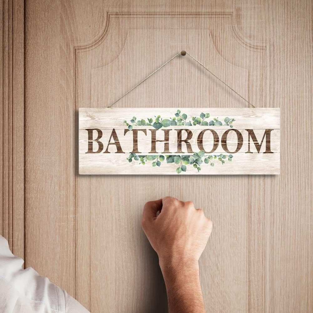 Bathroom Sign Wall Decor, Bathroom Wall Art with Plant Print, Rustic Farmhouse Wall Hanging Plaque Home Kitchen Decorative Bathroom, 4.7 x 13.7 inches