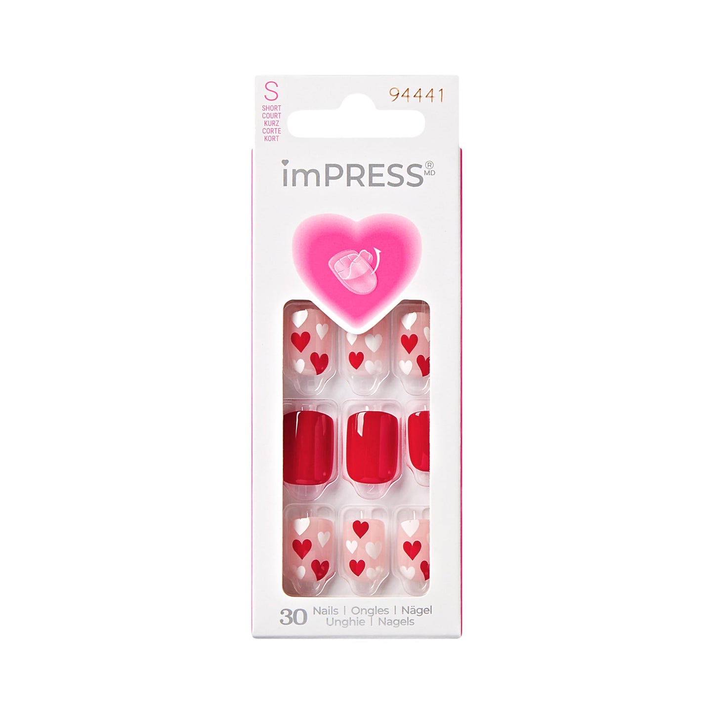 KISS imPRESS Valentine’s Day Press On Nails, ‘Full Heart’, Red, Short Squoval, No Glue Needed, Up to 10-Day Superior Hold, Includes 30 Fake Nails, Prep Pad, Mini Nail File & Manicure Stick