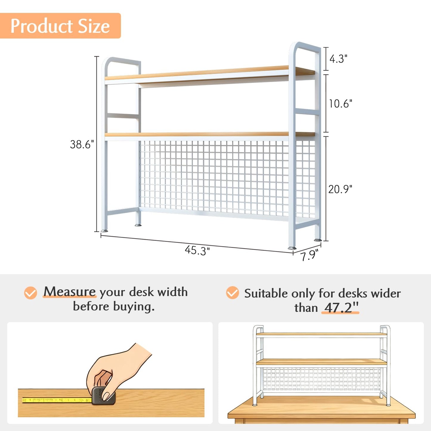 IOTXY 2-Tier Desktop Hutch Bookshelf - Metal Desk Shelf Bookcase with Grid Panel, Countertop Storage Organizer Rack for Dorm or Office, White, 45.3" W