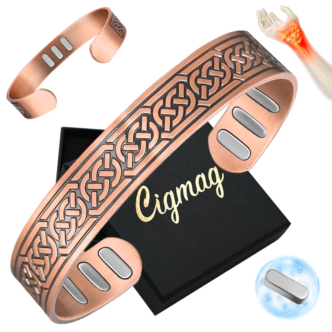 Cigmag Copper Magnetic Bracelet for Men, with Powerful 9X 5000 Gauss Magnets, Adjustable Solid Pure Copper (Axe)
