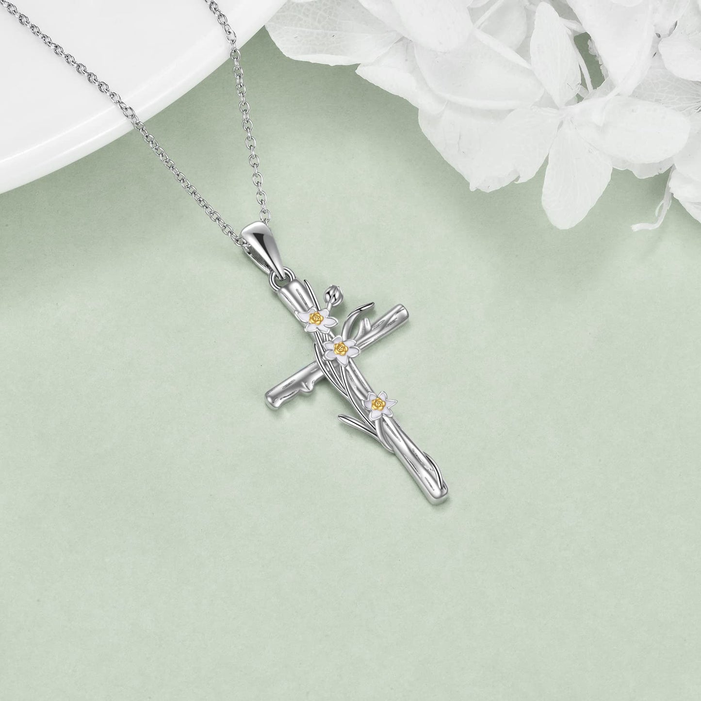 LUHE Women's Cross Necklace - Sterling Silver Daffodils Religious Cross Pendant - Jewelry Gift for Christmas or March Birth Flower