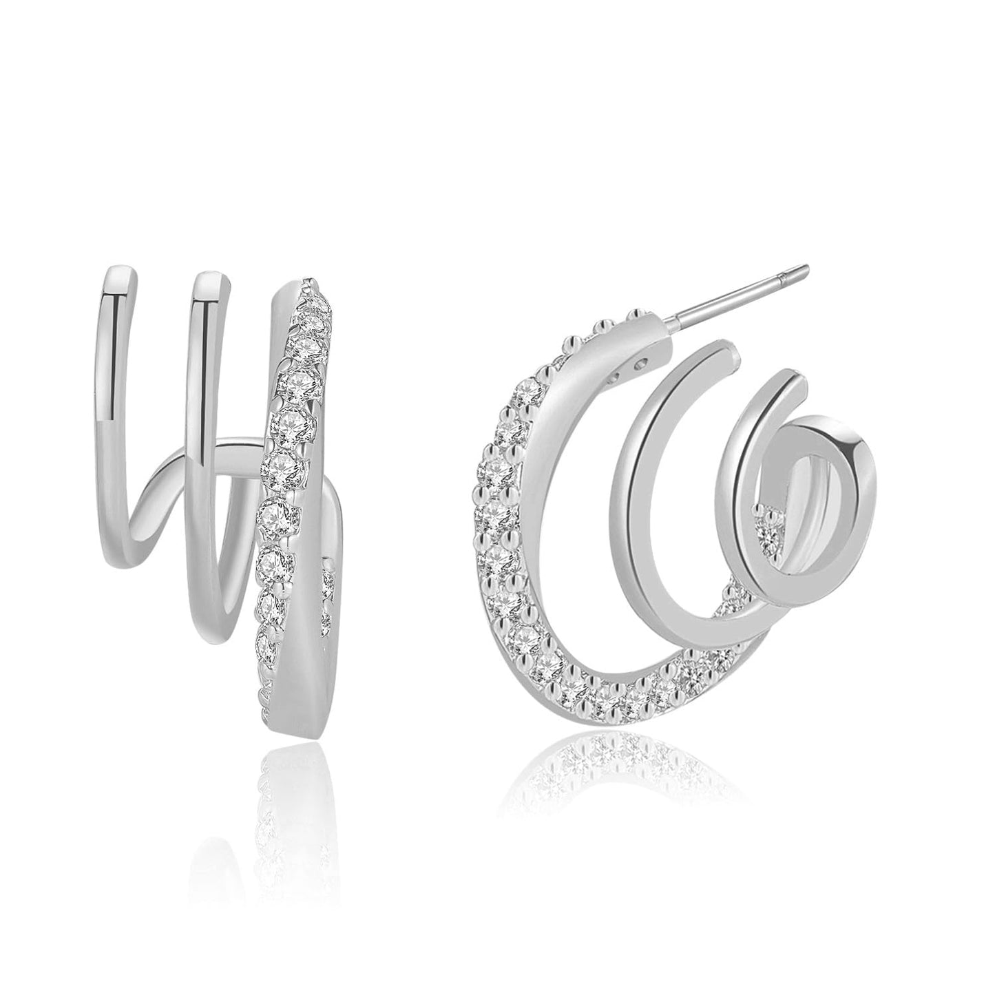 Obidos White Gold Plated Triple Huggie Illusion Stud Earrings | Gold Hoop Earrings for Women
