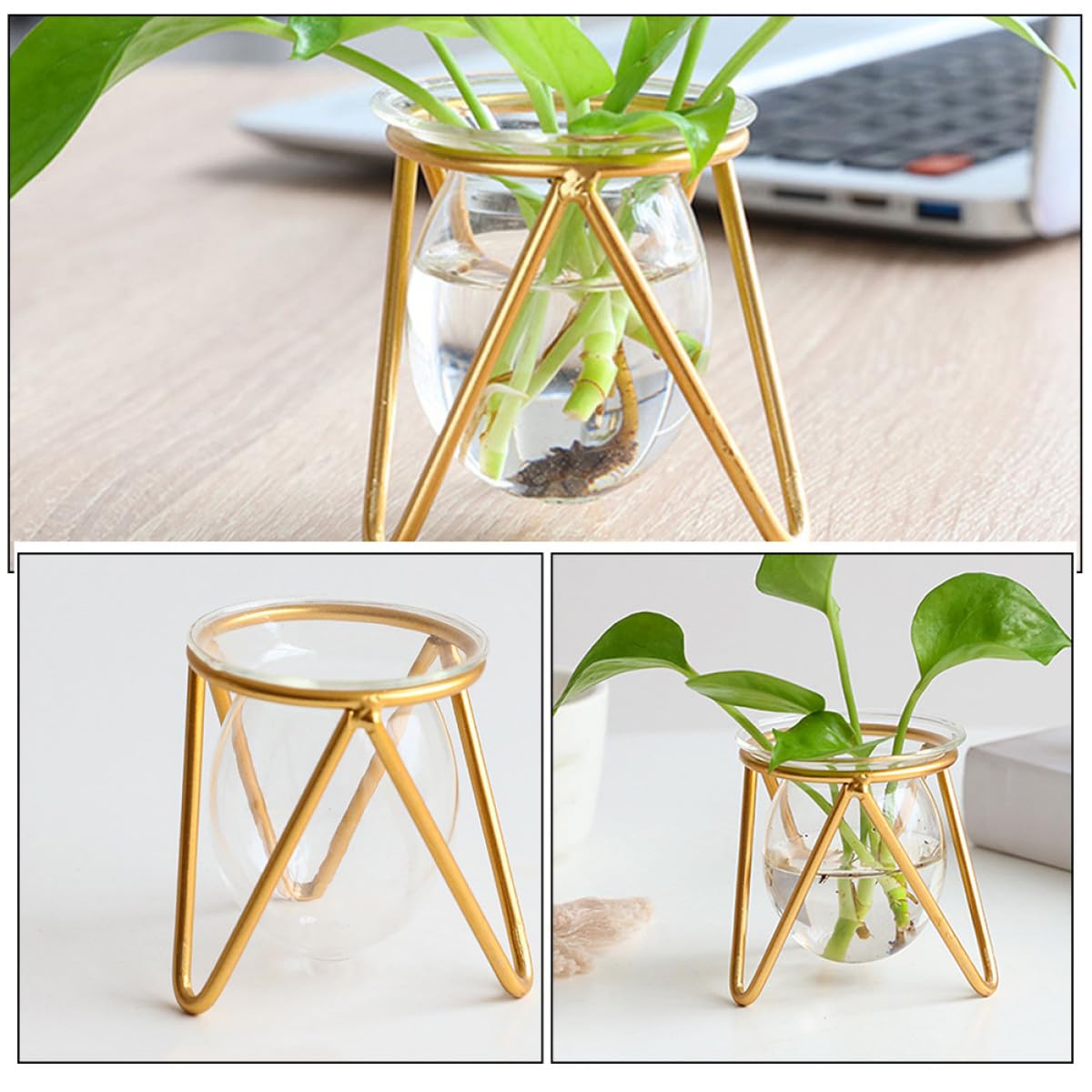 FELTECHELECTR Glass Vase with Metal Stand, Hydroponic Flower Holder Bulb Planter for Home Decor, Small Gold Desktop Plant Terrarium for Indoor Floral Display