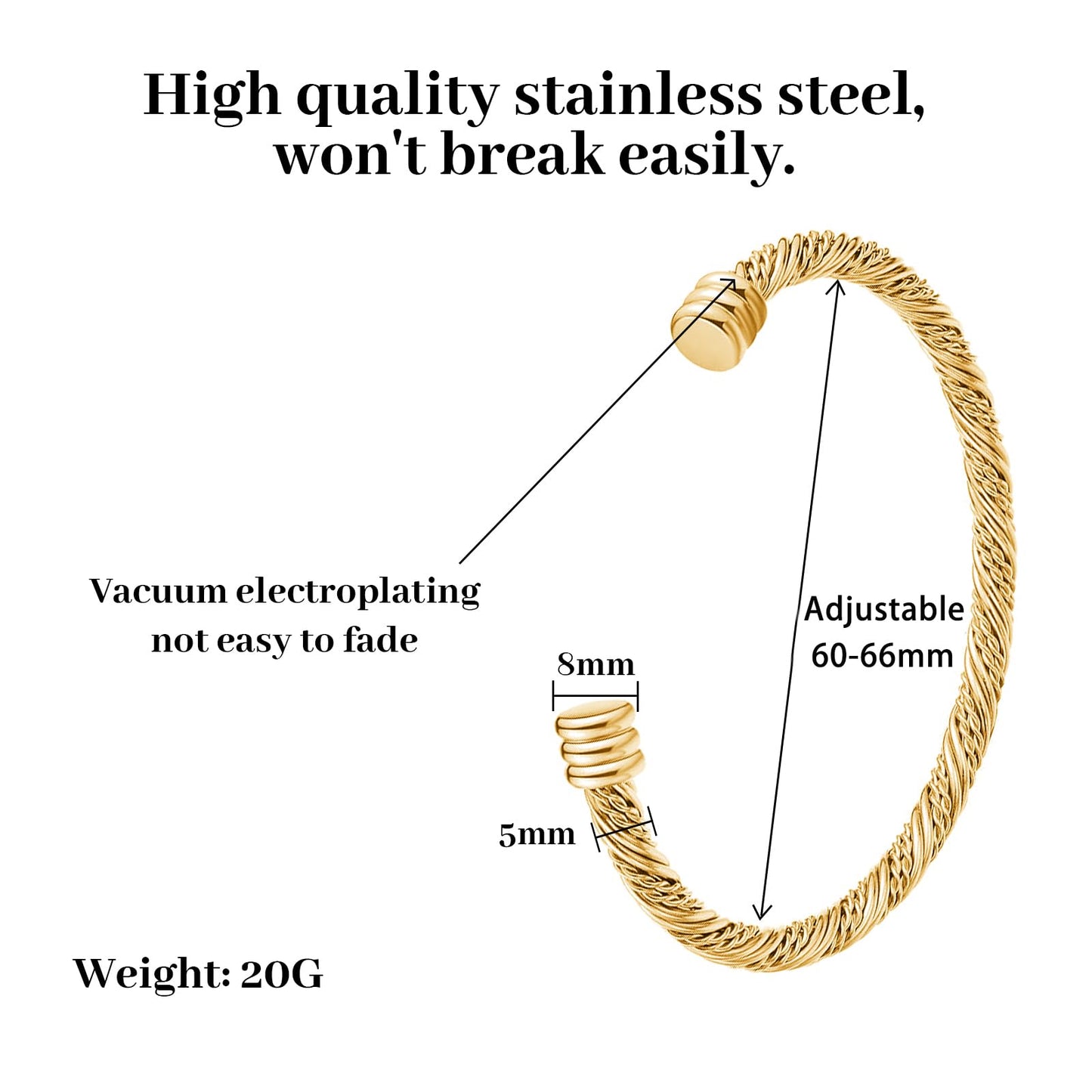 BOLAGTIER Stainless Steel Twisted Cable Wire Bracelets Adjustable Open Cuff Bangle Bracelet Vintage Jewelry Gift for Women (C-Gold 62)