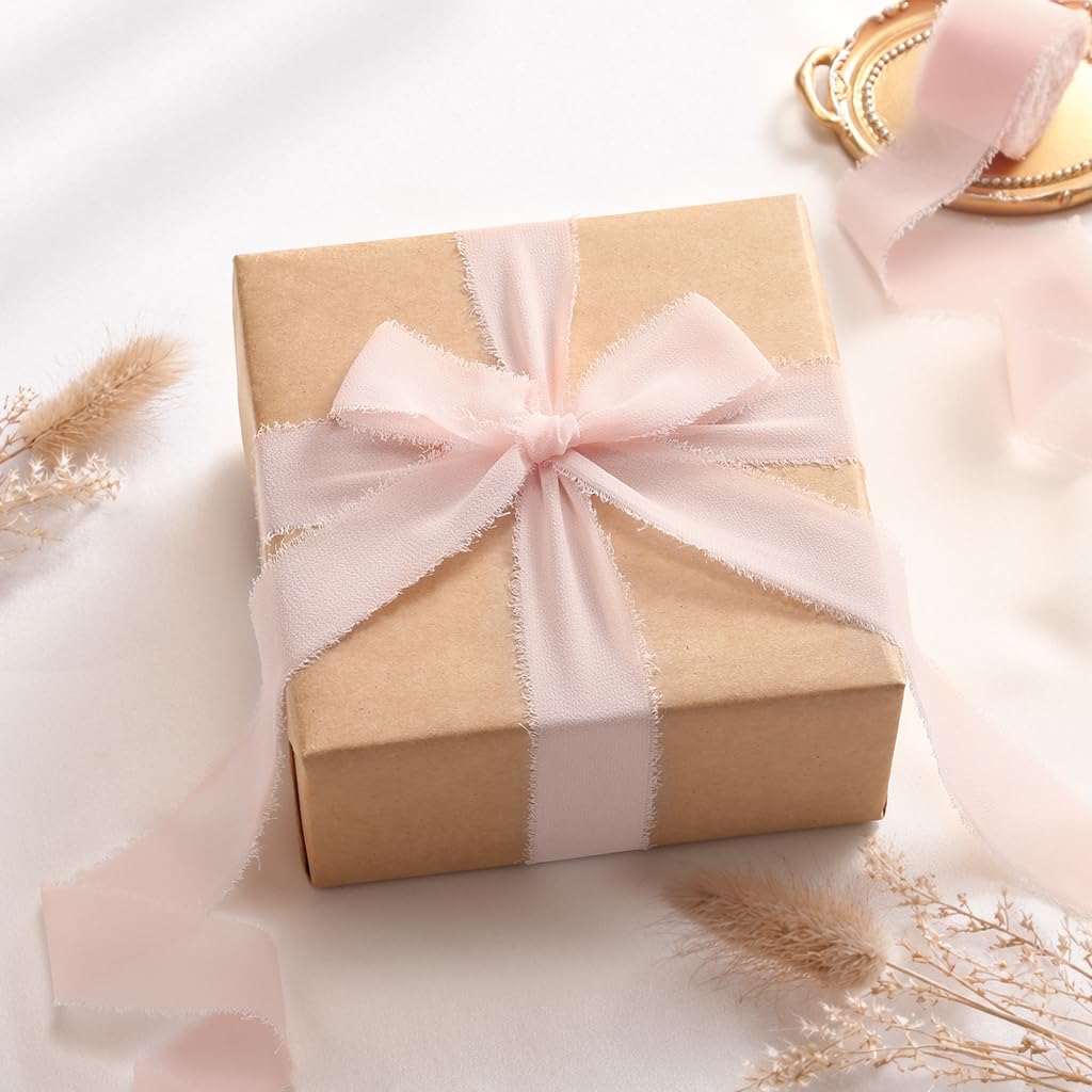 DORIS HOME Pink and Cream Chiffon Ribbon for Flower Bouquet, 1" x21Yd Fabric Ribbon for Gift Wrapping, Handmade Frayed Ribbon for Wedding Invitations/Christmas Decorations