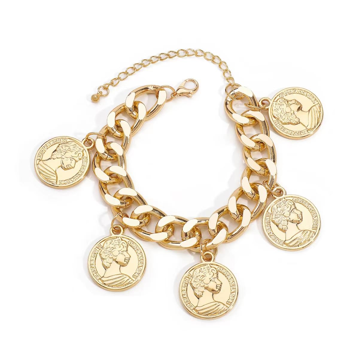 YUEKISEN Chunky Chain Dangle Bracelet Punk Cuban Curb Link Chain Bangle Vintage Gold Moroccan Coin Statement Jewelry for Women