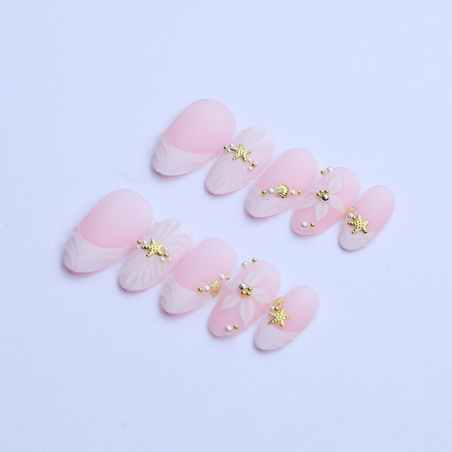 Long Press on Nails Almond Fake Nails French Artificial Nail Seeneey White Flowers Pearl Beach Stick on Nail for Women 24pcs
